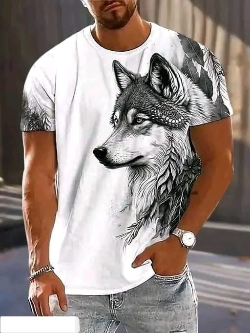 Men’s White Trendy Printed Oversized T-shirt  – Black Wolf Design
