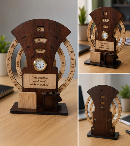 Wooden Calendar with Clock for Lifetime Life Time Calendar Table Calendar  (Brown & Ivory, Desk Organizer)