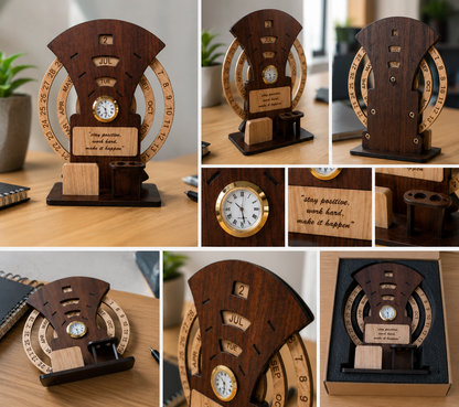 Wooden Calendar with Clock for Lifetime Life Time Calendar Table Calendar  (Brown & Ivory, Desk Organizer)