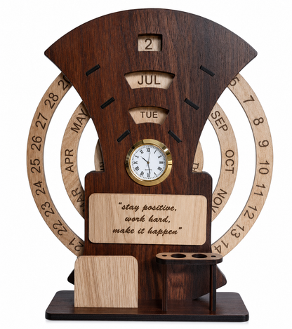 Wooden Calendar with Clock for Lifetime Life Time Calendar Table Calendar  (Brown & Ivory, Desk Organizer)